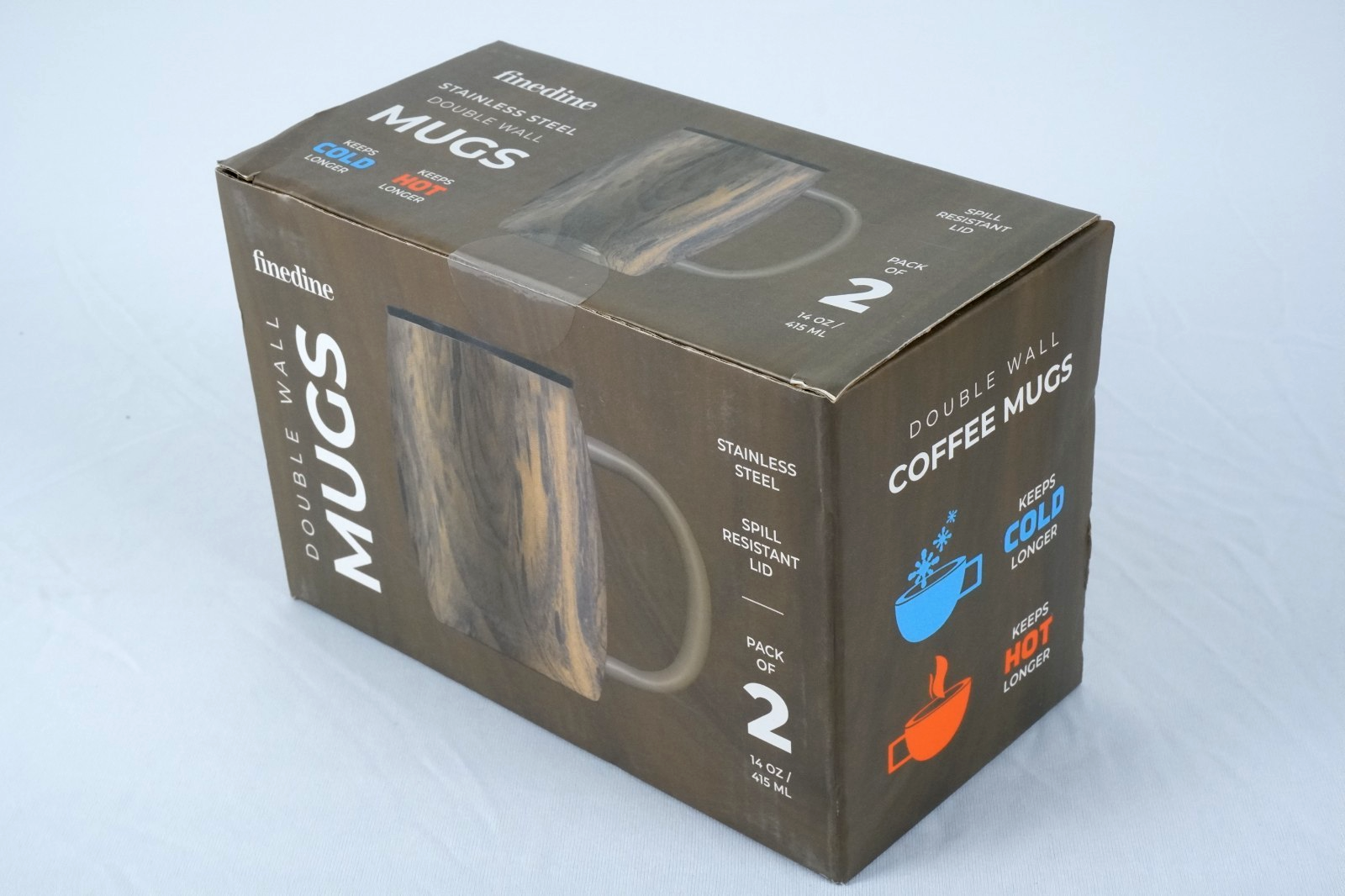 Double Wall Insulated Stainless Steel Mugs 2pcs w Wooden Finish Spill Resistant