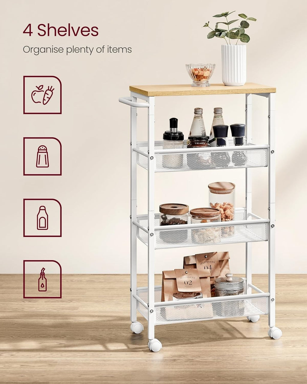 4-Tier Trolley Space-Saving Kitchen Cart with Castors 22x45.5x77cm
