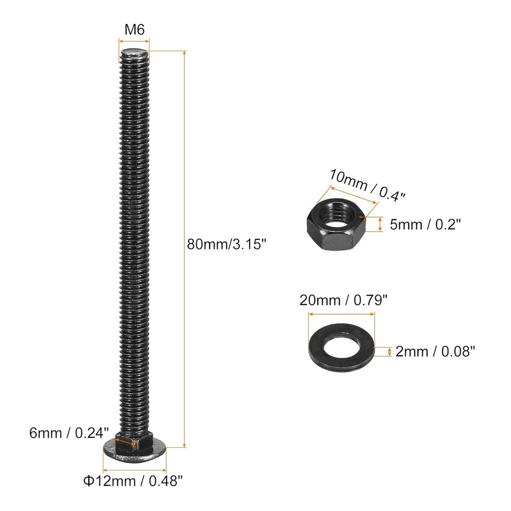 25x M6x80mm Carriage Bolts Square Neck 304 Stainless Steel with Nuts & Washers