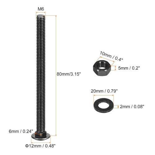 25x M6x80mm Carriage Bolts Square Neck 304 Stainless Steel with Nuts & Washers