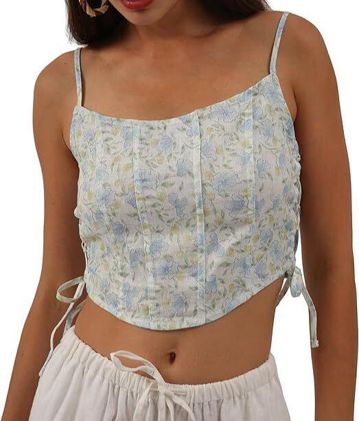 Womens Linen Vest Blouse Summer Sleeveless Printed Elegant Drawstring Side Top