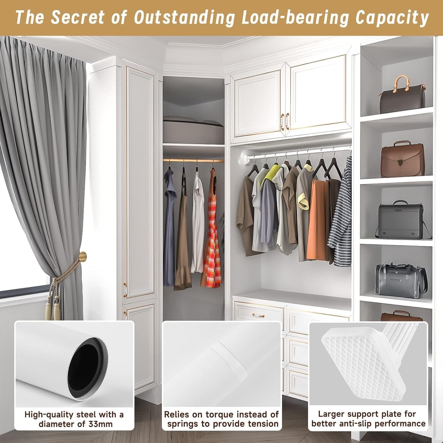 Curtain Telescopic Pole Rod 110-200cm No Drill 35kg Capacity 33mm Steel Rail