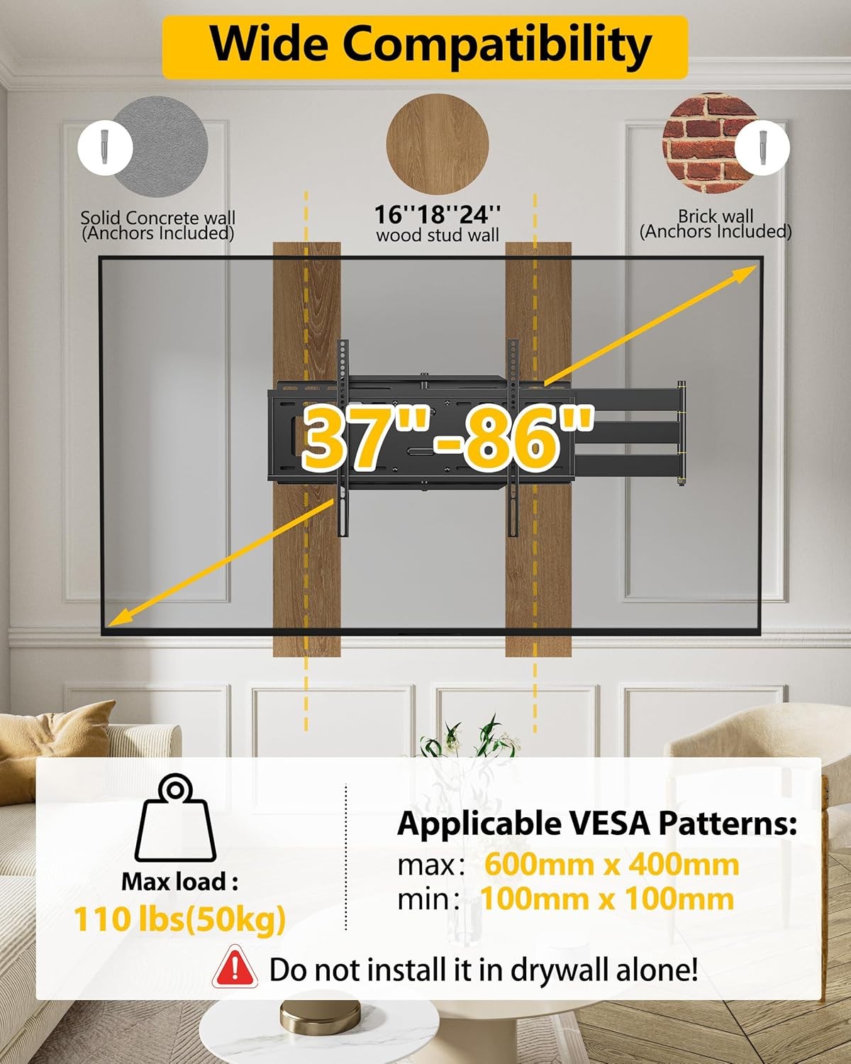 TV Wall Bracket Long Reach 1219mm for 37-86in LED LCD Flat Curved TVs 50kg VESA