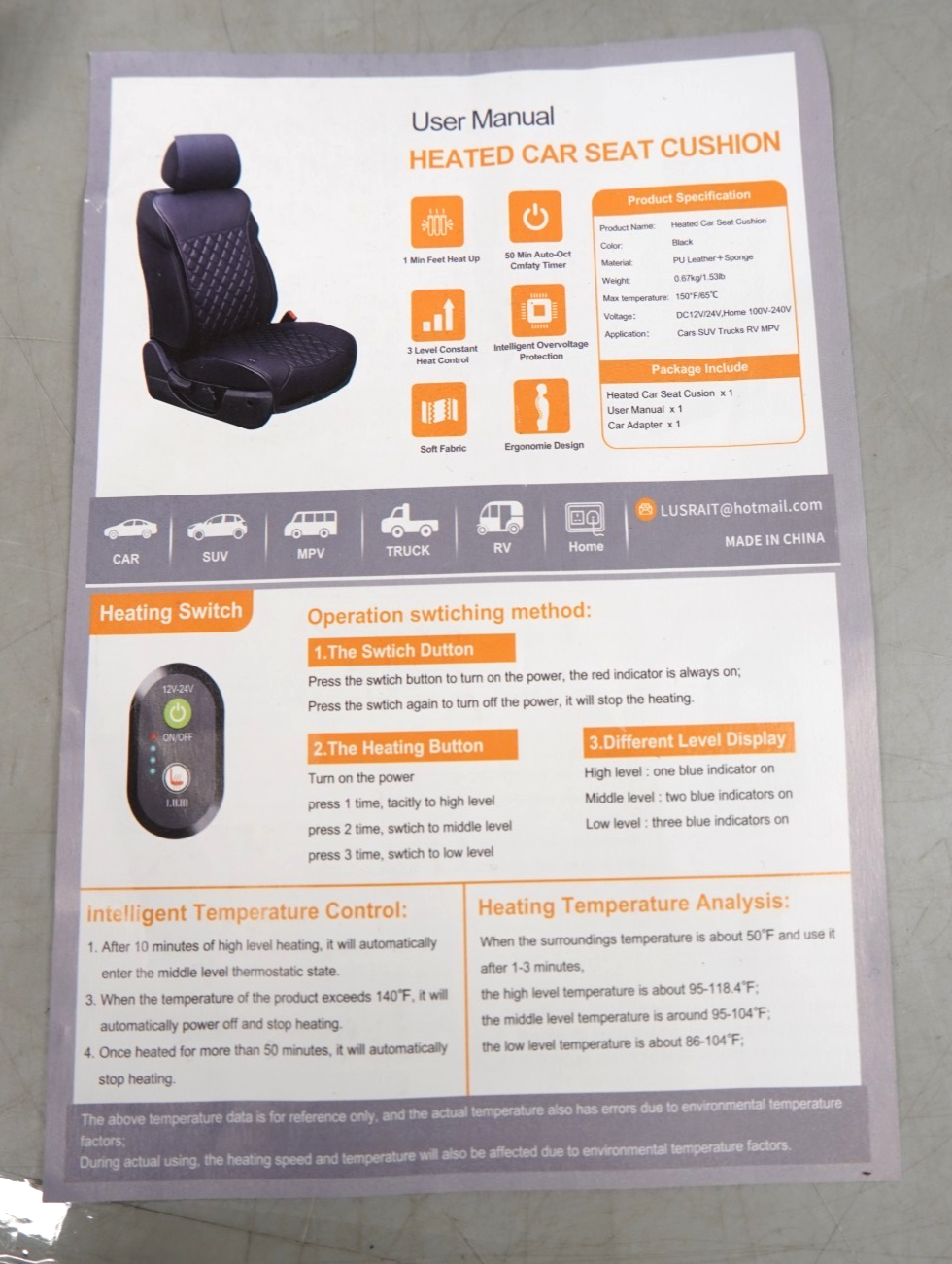 Heated Car Seat Cover Seat Cushion with Full Back Support and Heating Element