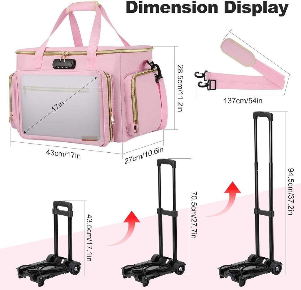 Teacher Bag On Wheels Fits 17" Laptop Detachable Trolley Anti Theft Lock Pink