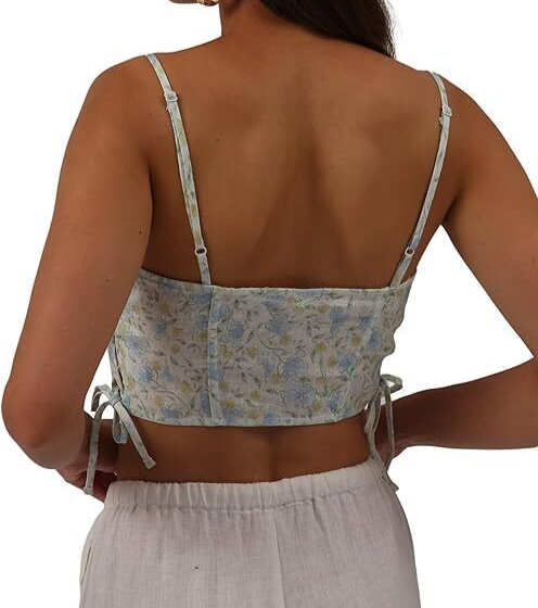 Womens Linen Vest Blouse Summer Sleeveless Printed Elegant Drawstring Side Top