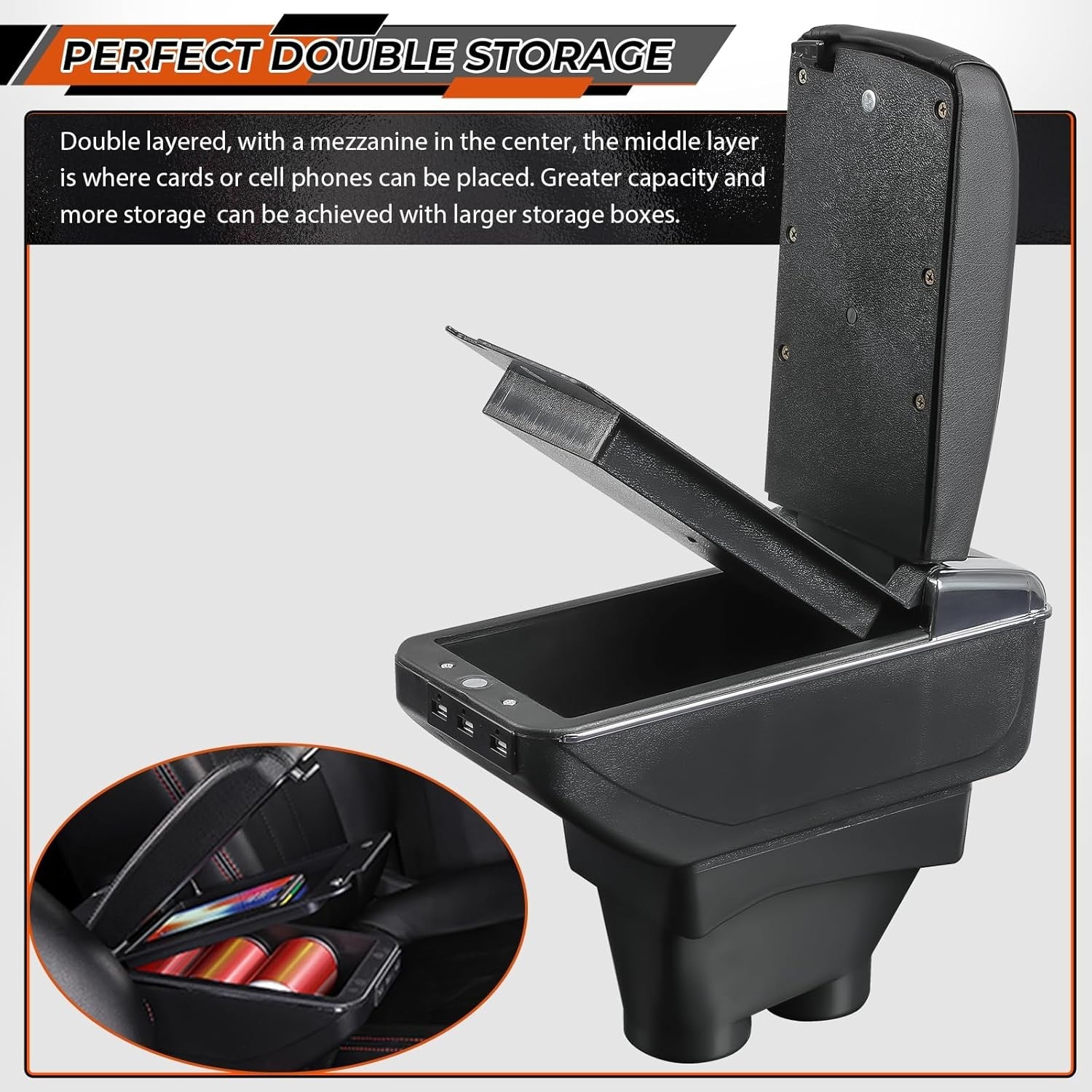 Car Armrest Storage Box with USB Ports for VW Polo MK5 (6R)/VW Vento 2010-2017