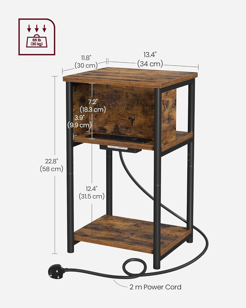 Charging Station Side Table Slim Narrow Bedside Table w 2 AC Outlets & 2 USB