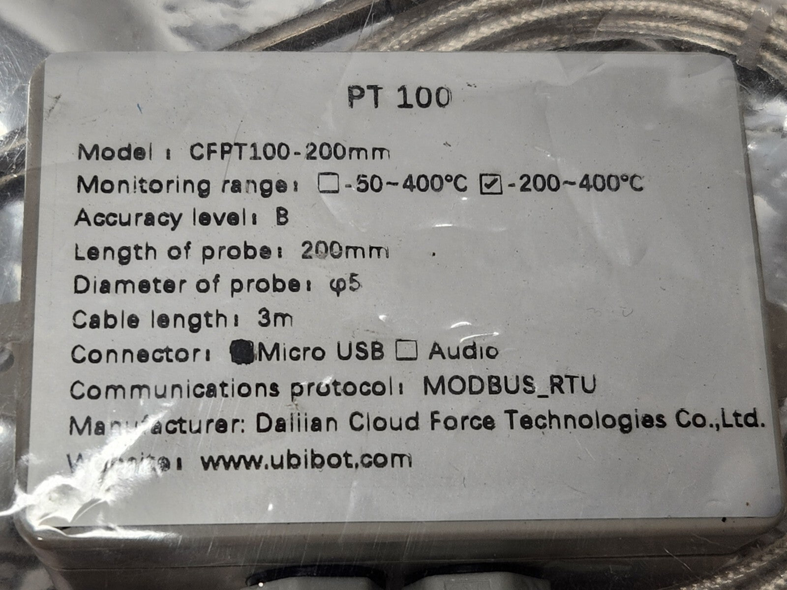 PT-100 CFPT100-200mm Industrial Grade Temperature Probe USB -200~400C MODBUS_RTU
