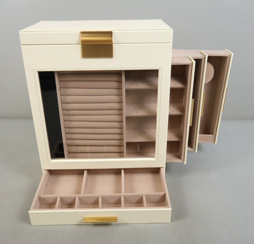 Jewellery Box with Glass Window 5-Layer Jewellery Organiser Gold Cream