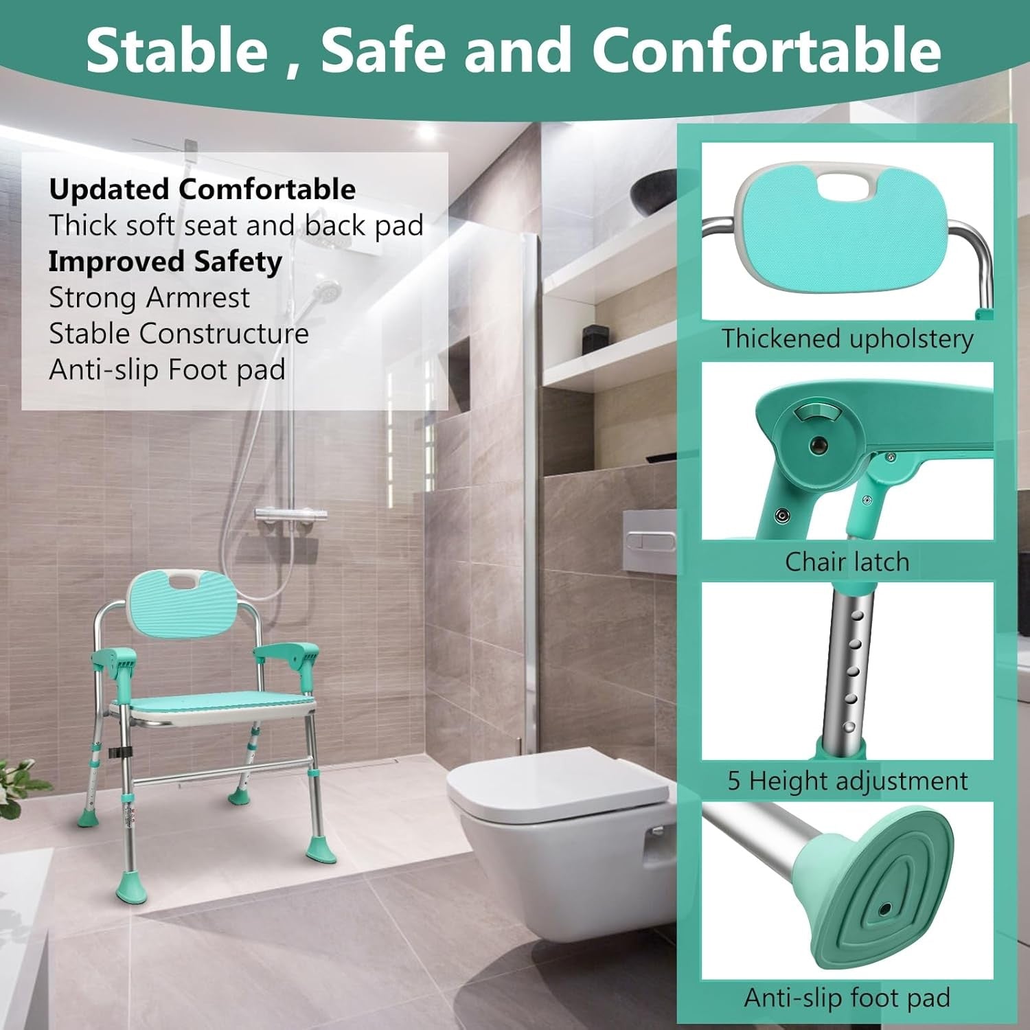 Folding Shower Chair 5-Level Adjustable, Non-Slip Feet, Lightweight & Durable