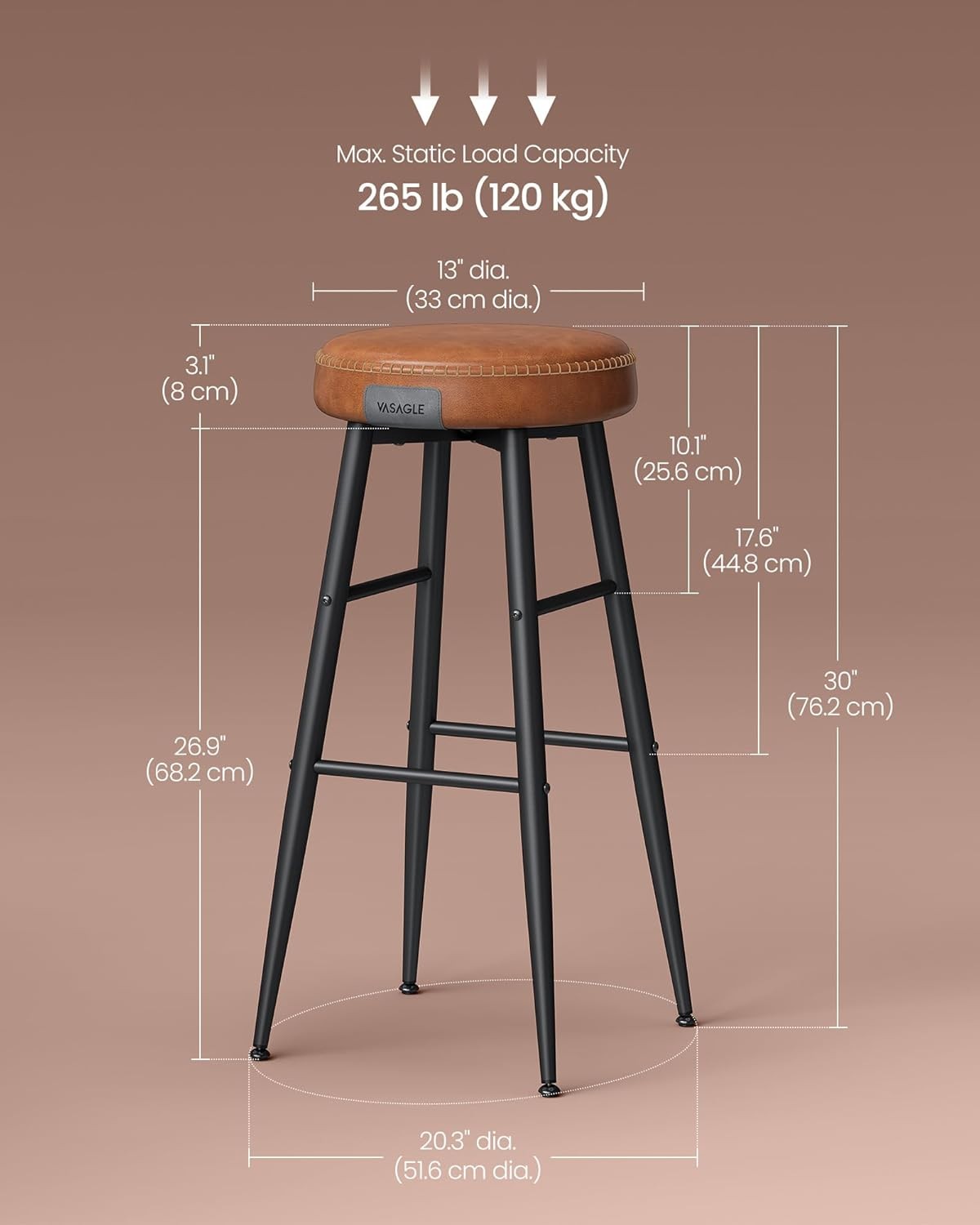 Breakfast Kitchen Bar Stools Counter 76.2cm Stitched Synthetic Leather Brown