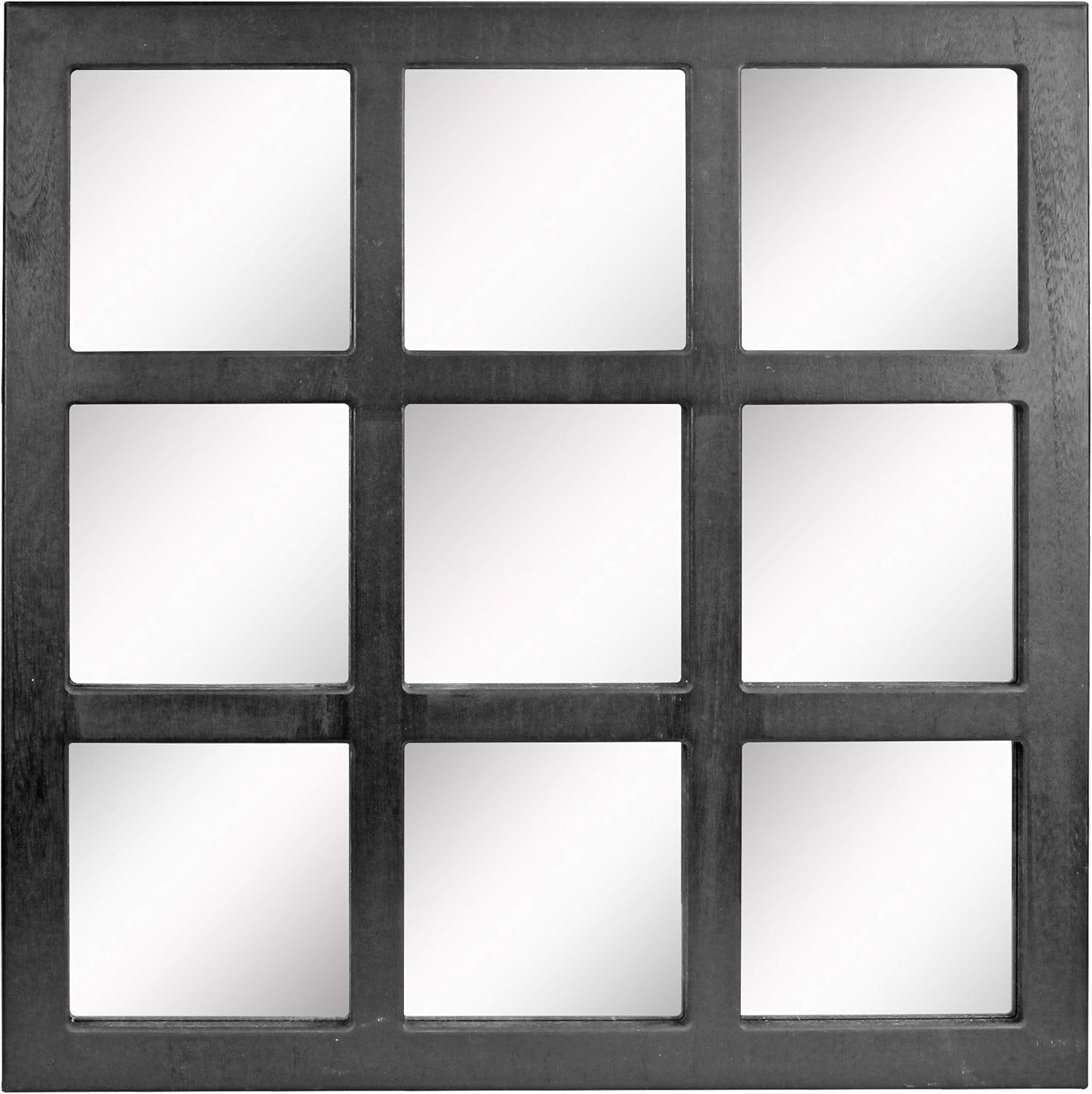 Square Rustic 9 Panel Window Pane Hanging Wall Mirror with Black Painted Wood Fi