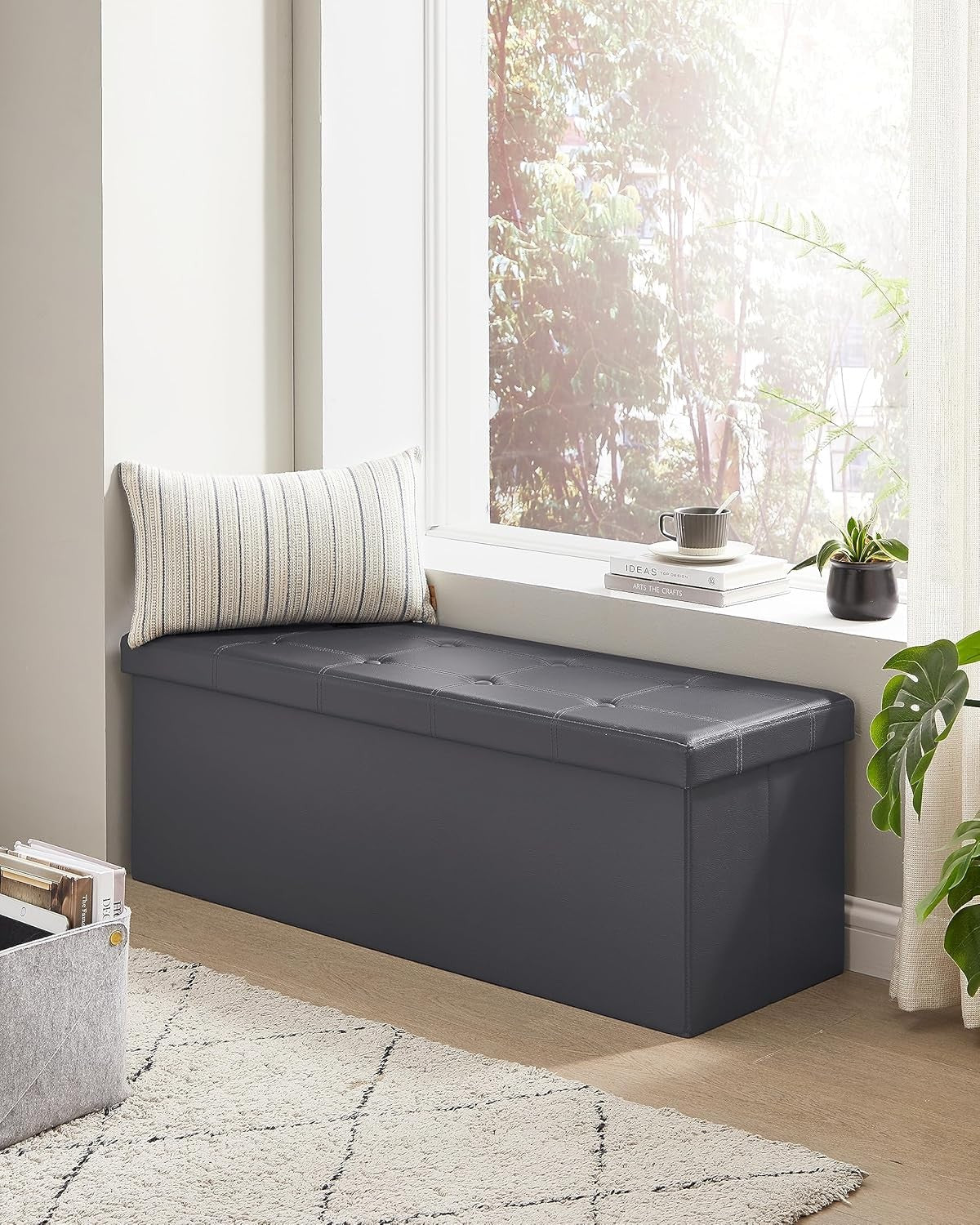 Storage Ottoman Bench 110cm Foot Rest Stool Storage Bench Leather Slate Grey