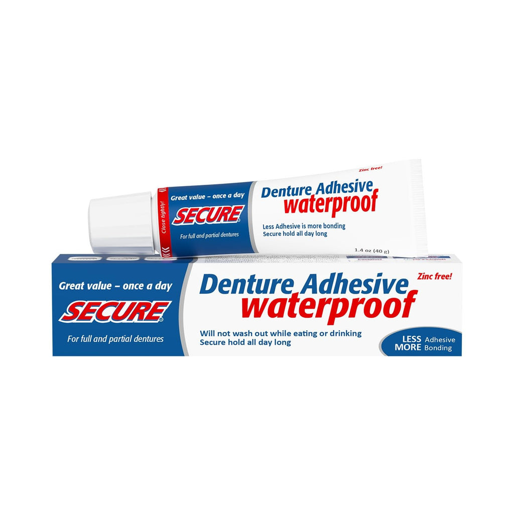 Secure Waterproof Denture Adhesive Zinc Free 1.4oz 40g Exp 12/2028