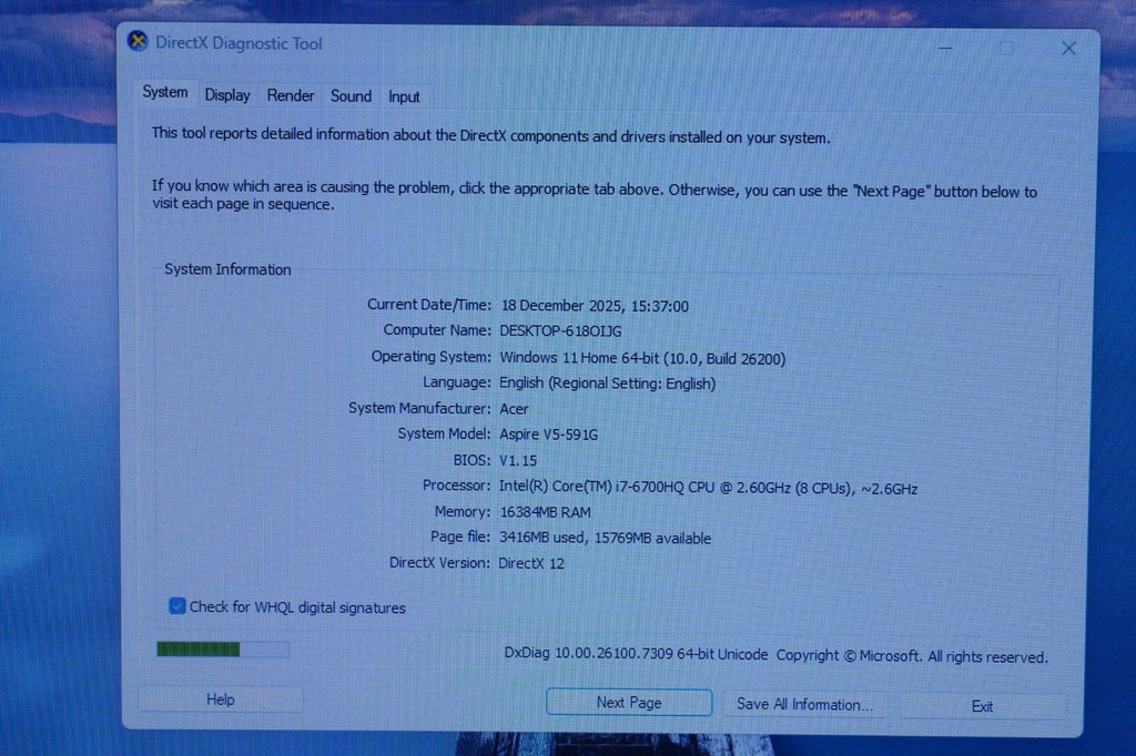 Acer N15Q12 Core i7, Laptop 6700HQ 2600GHz, 16GB Ram, 128GB SSD Working w Faults