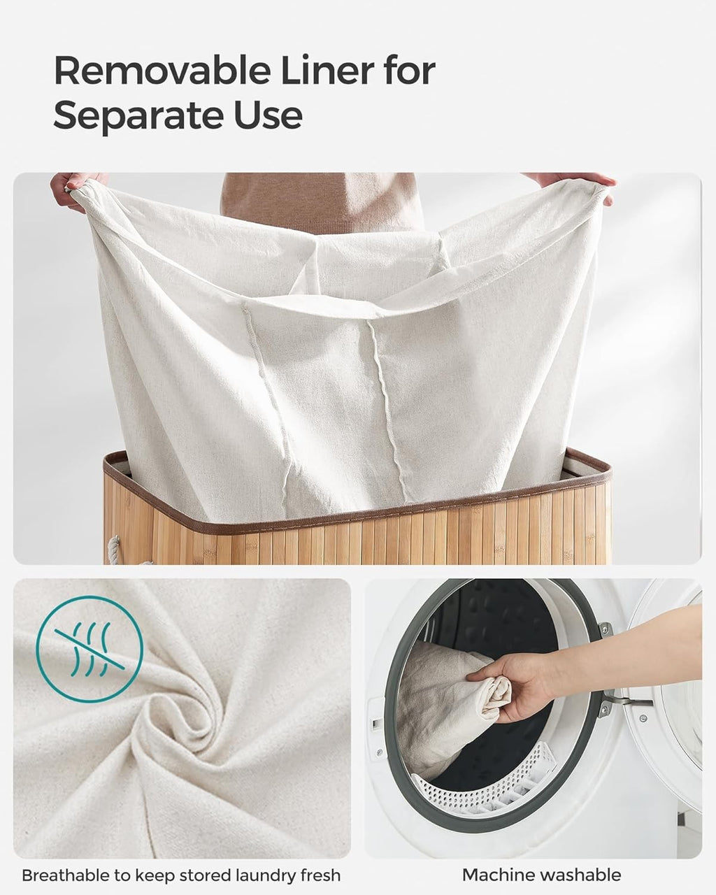 150L Laundry Basket 3 Sorting Compartments Removable Machine Washable Bag Bamboo