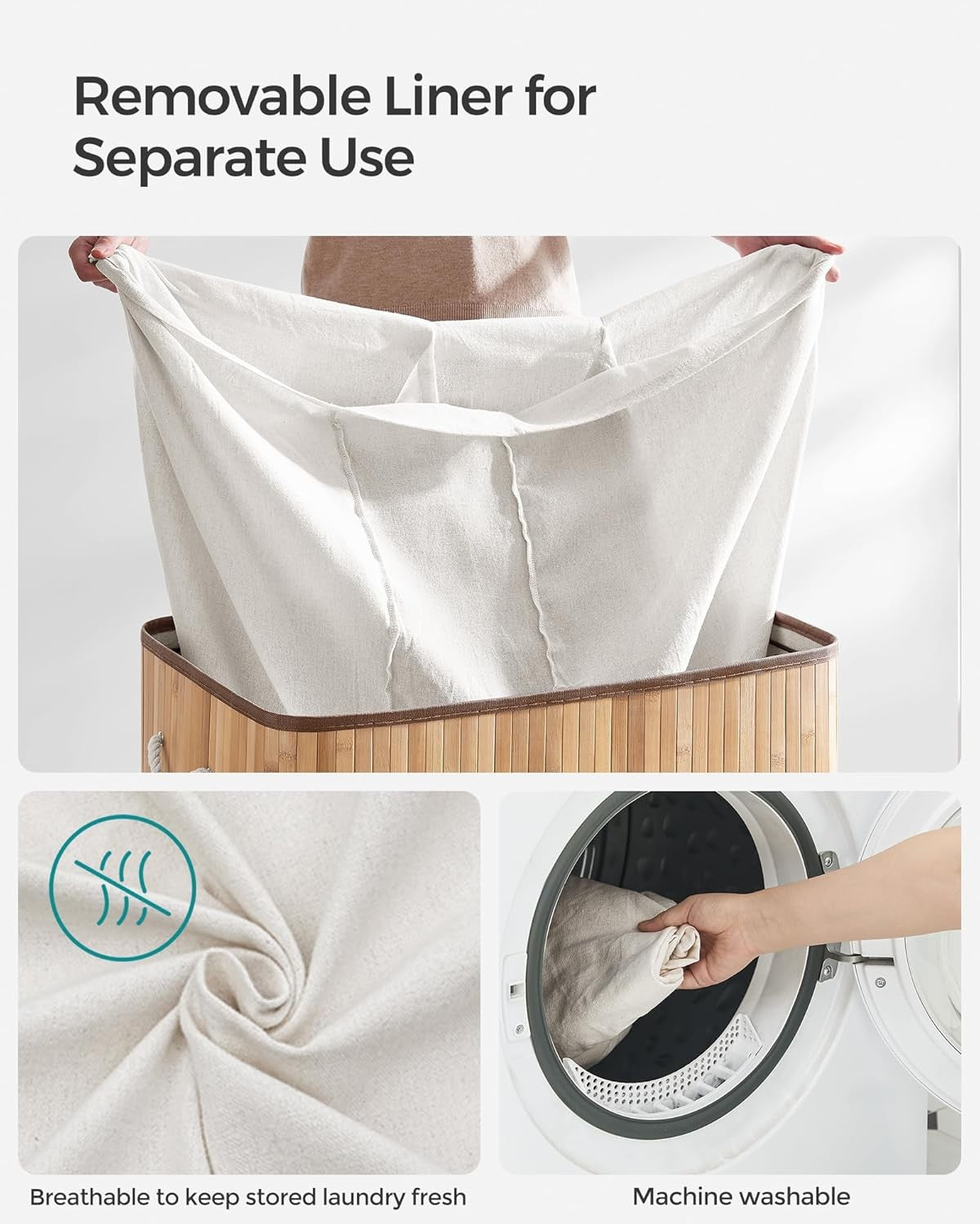 150L Laundry Basket 3 Sorting Compartments Removable Machine Washable Bag Bamboo