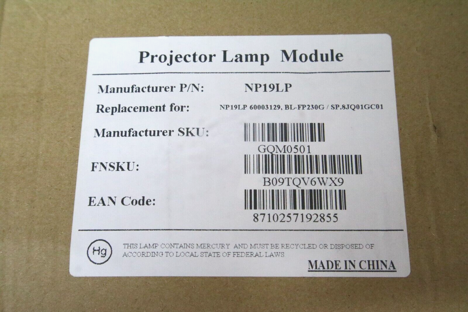 Projector Lamp Module for Dell NEC OPTOMA NP19LP BL-FP230G EX565UT SP.8JQ01GC01