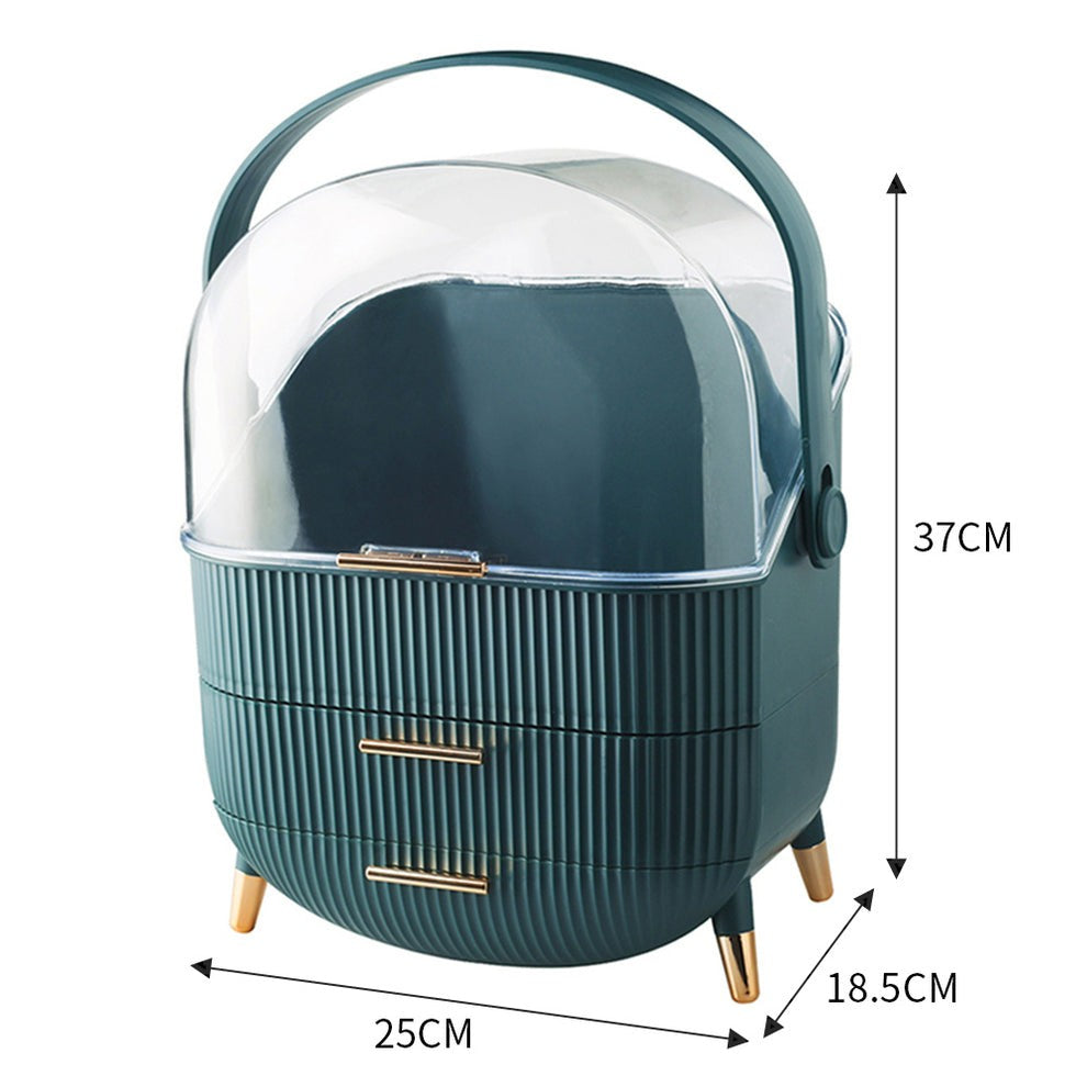 Elegant Makeup Storage Organiser Box Green with Drawers and Handle