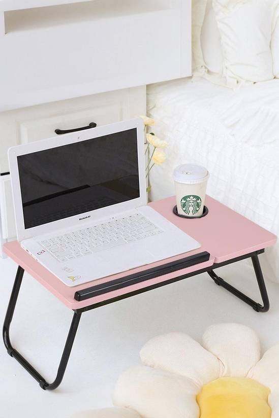 Adjustable Laptop Table with Cup Slot Portable Laptop Stand Bed Table Pink