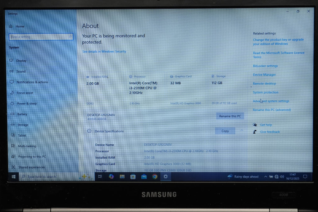 Laptop Samsung 400B Core i3 Intel HD Graphics for Spares or Repairs