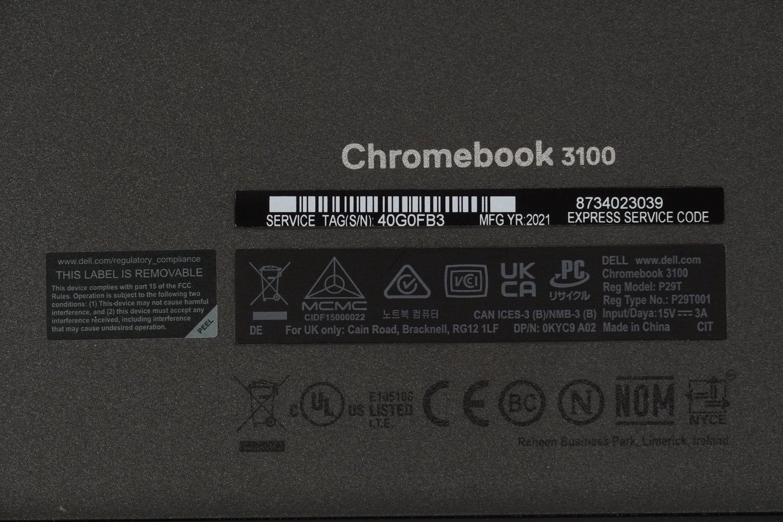 Laptop PC DELL Chromebook 3100 P29T Intel Celeron N4020 No Battery No Charger