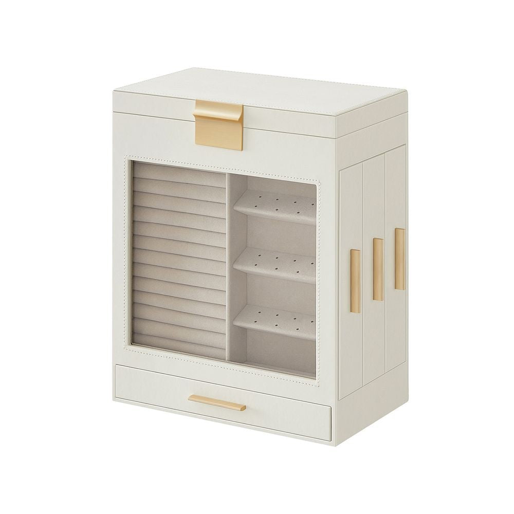 Jewellery Box with Glass Window 5-Layer Jewellery Organiser Gold Cream