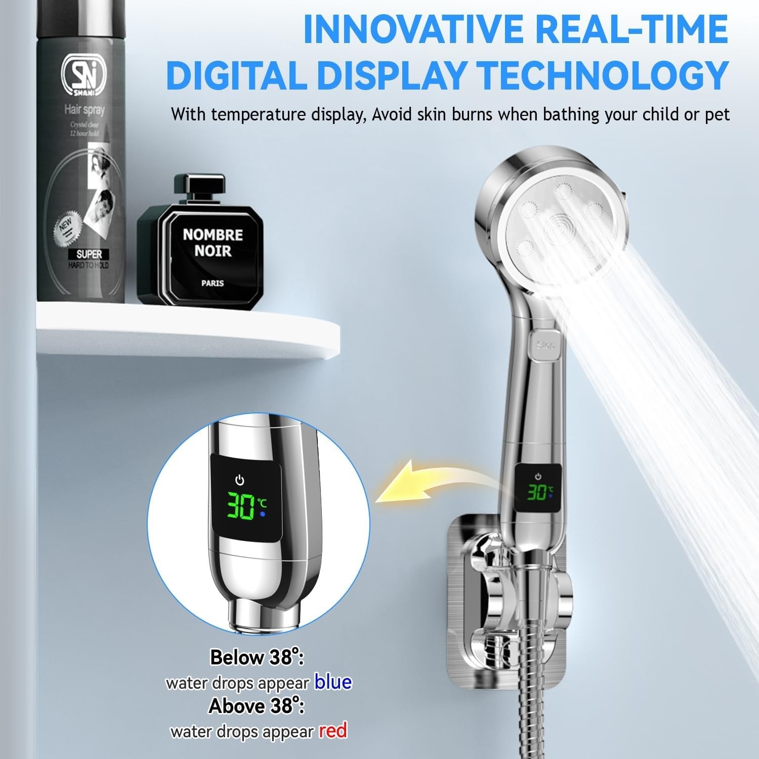 Shower Head Hard Water Filter with 4 Modes Water Temperature Display 1.5M Hose