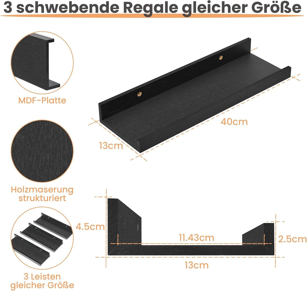 60cm Black Floating Shelves 3pcs Shelves for Room Décor Wall Mounted Storage