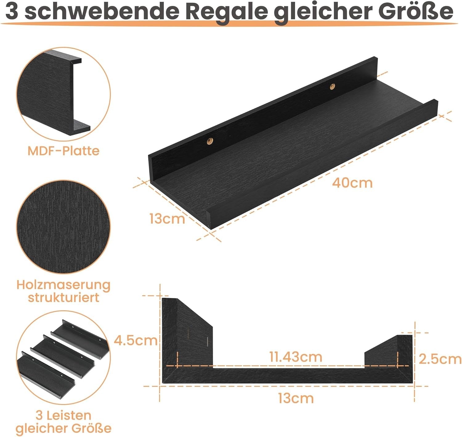 60cm Black Floating Shelves 3pcs Shelves for Room Décor Wall Mounted Storage