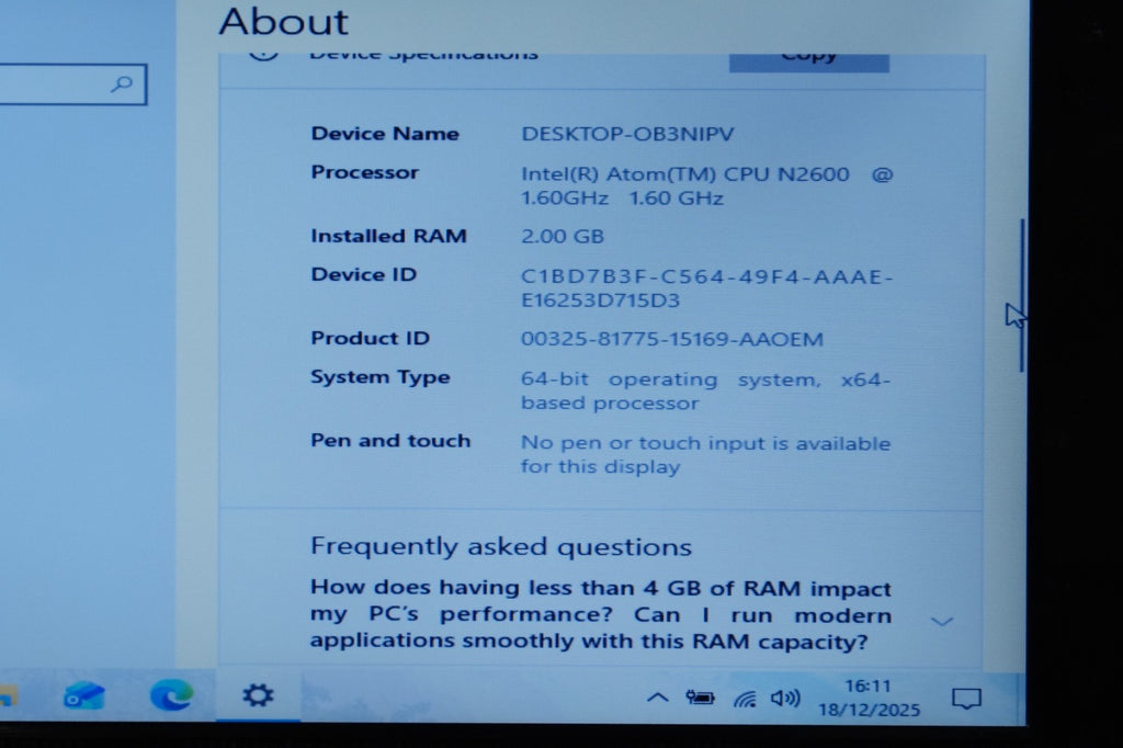 Toshiba NB510, Atom N2600 1.60GHz, 2GB Ram, 64GB SSD, Windows 10, NO CHARGER