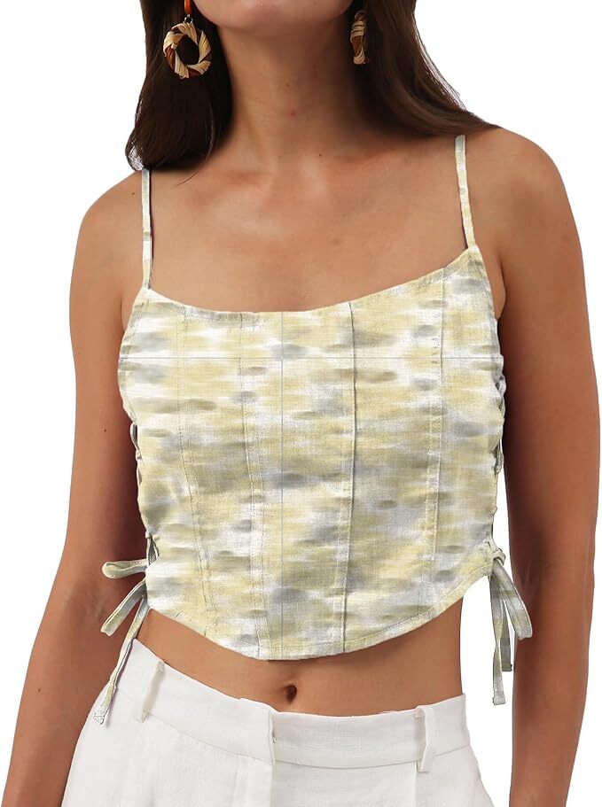 Womens Linen Vest Blouse Summer Sleeveless Printed Elegant Drawstring Side Top