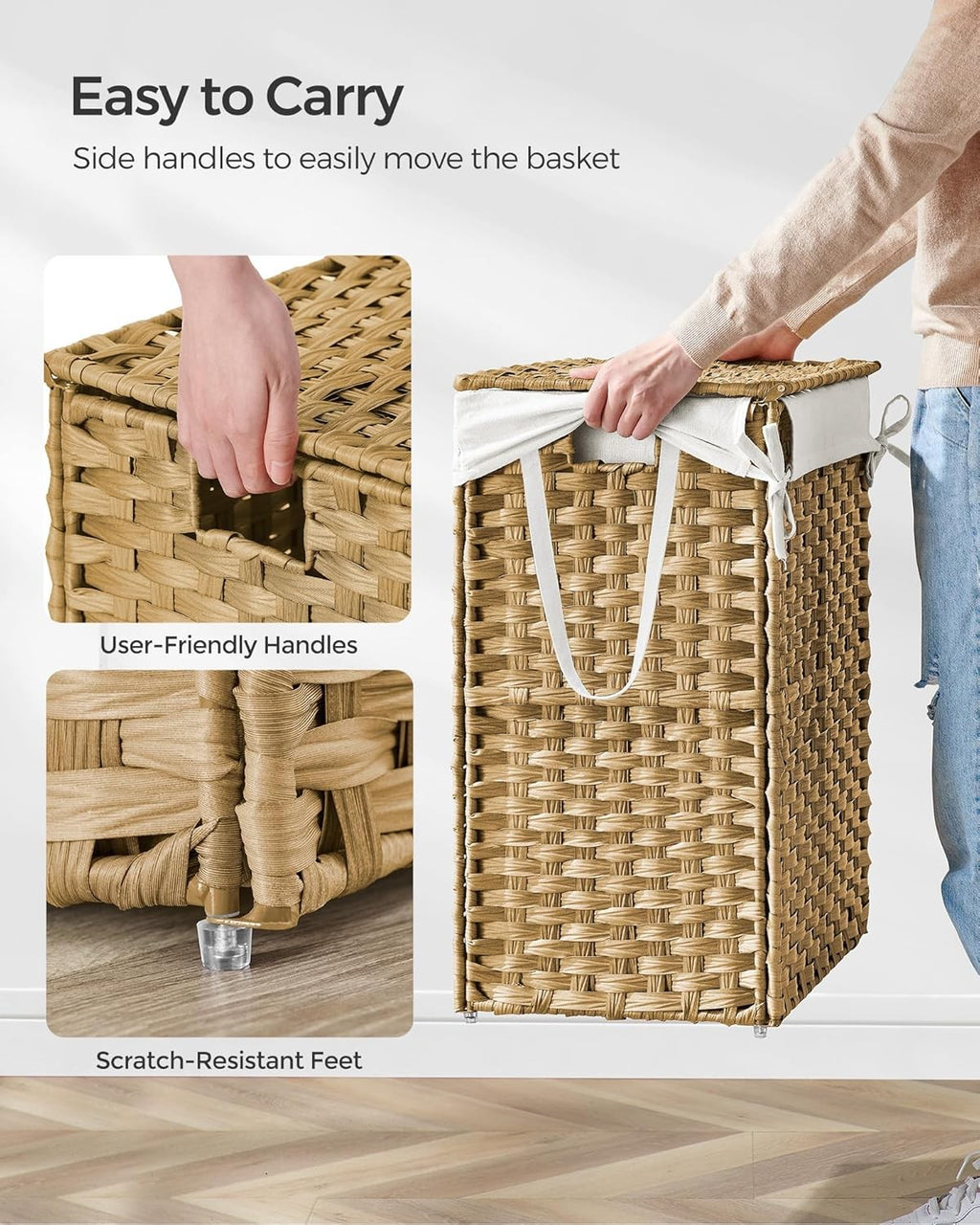90L Rattan Laundry Hamper with Lid, 23.8 Gallon Synthetic Unit Foldable Removabl