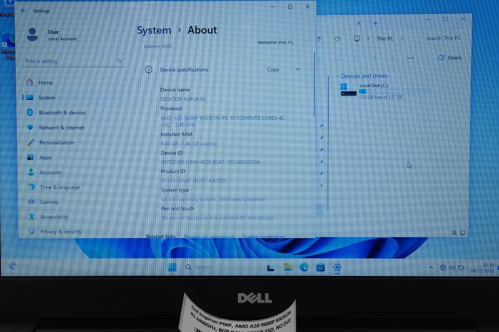 Laptop Dell Inspiron P66F AMD A10 9600P RADEON R5 2.4GHz 8GB RAM 256GB SSD