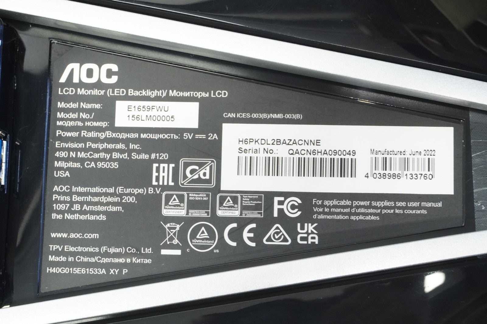 AOC Portable Monitor E1659FWU 15.6” USB 3.0 LED (156LM00005) USED w Carry Case