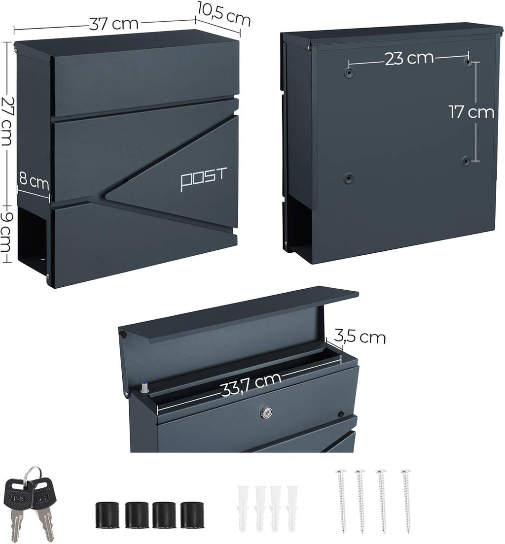 Letter Box Mailbox Wall Mounted with Newspaper Holder, 2 Keys, Modern GMB051G02