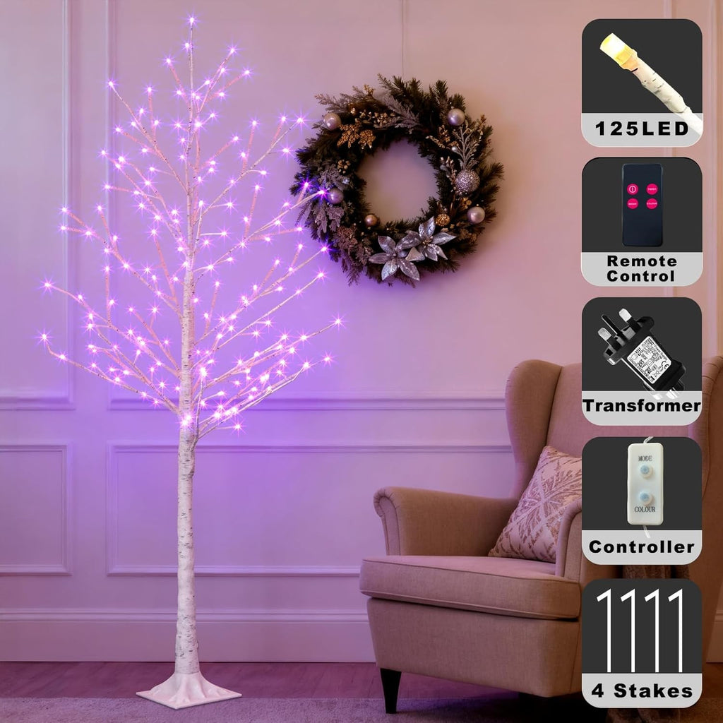 Artificial Birch Tree Lighted 6FT Colour Changing LED Lights Timer White