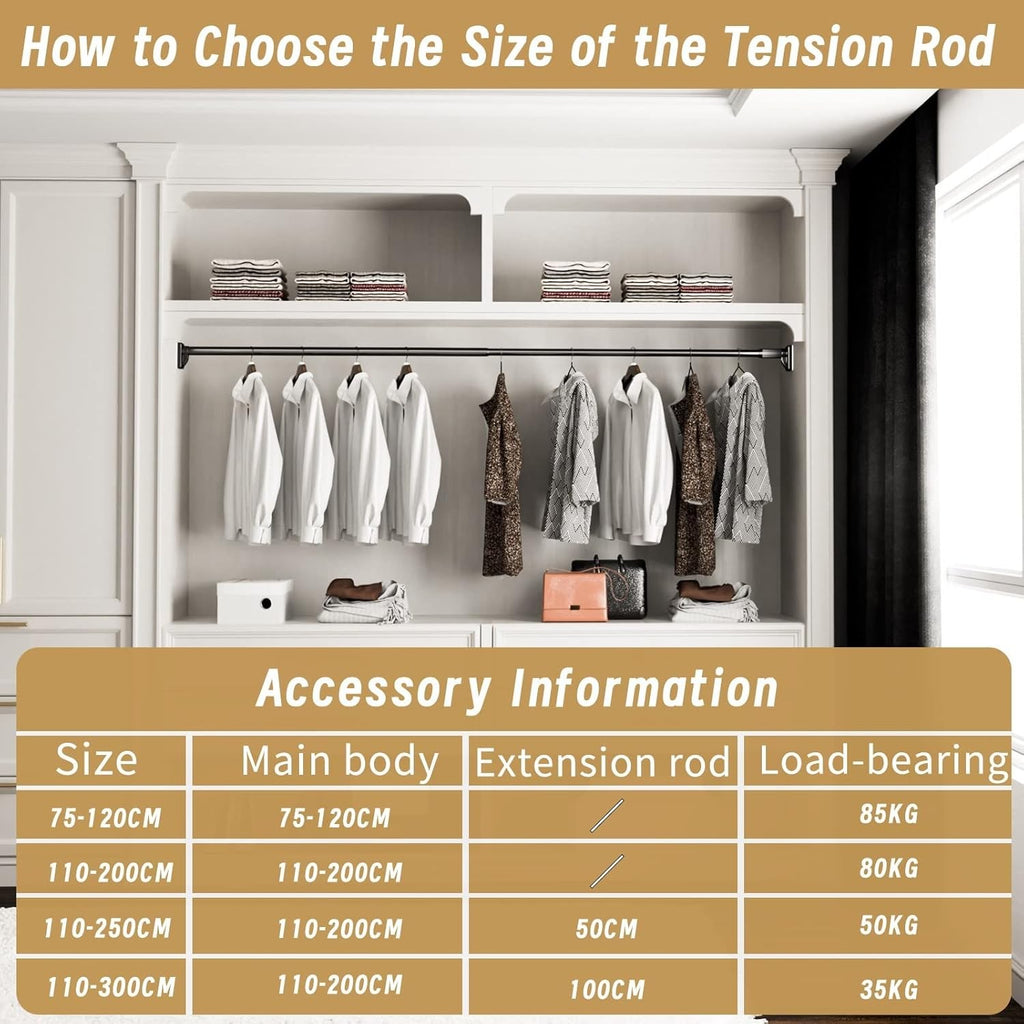 Curtain Telescopic Pole Rod 110-300cm No Drill 35kg Capacity 33mm Steel Rail BK