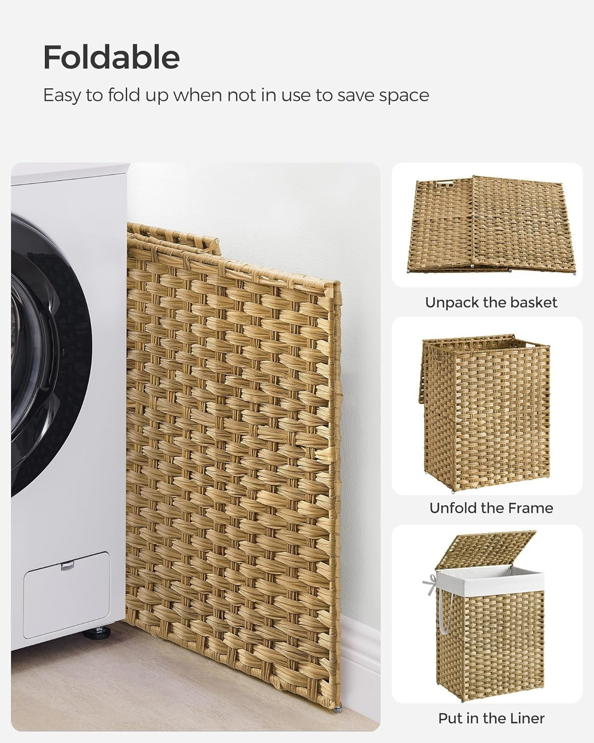 90L Rattan Laundry Hamper with Lid, 23.8 Gallon Synthetic Unit Foldable Removabl