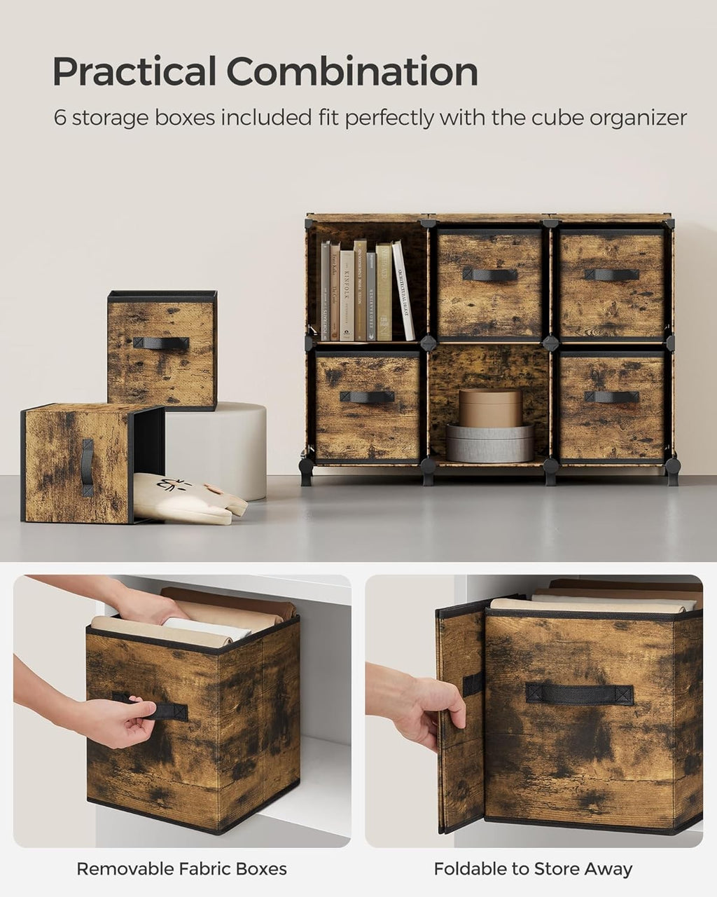 Cube Storage Organiser with 6-Cube Storage Boxes 64x31.5x95.5cm