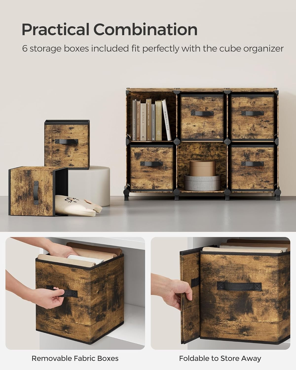 Cube Storage Organiser with 6-Cube Storage Boxes 64x31.5x95.5cm