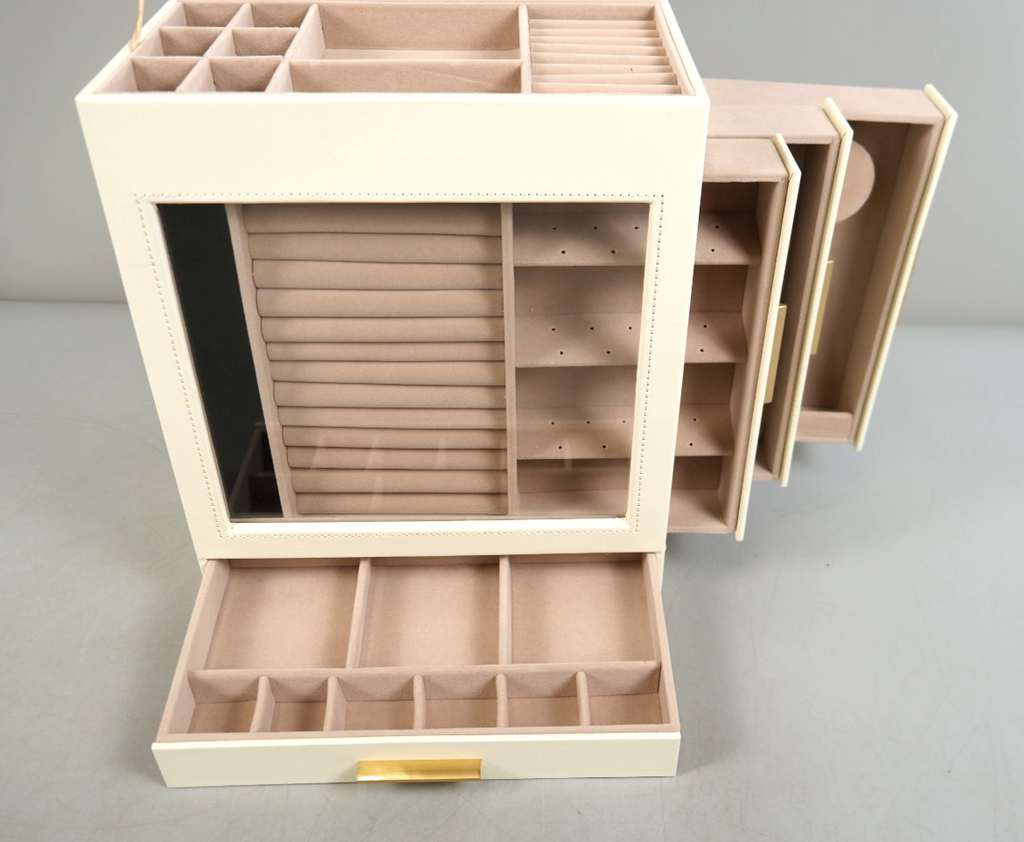 Jewellery Box with Glass Window 5-Layer Jewellery Organiser Gold Cream