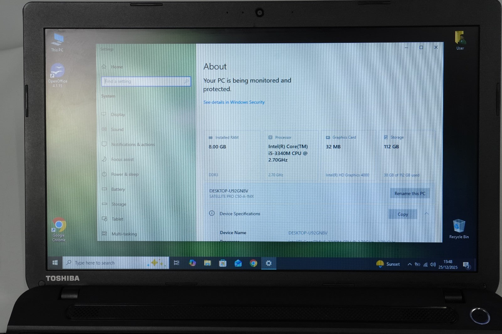 Toshiba Satellite PRO C50 4Core i5 3340M 2.7GHz 8GB RAM 128GB SSD BT WiFi NO BAT