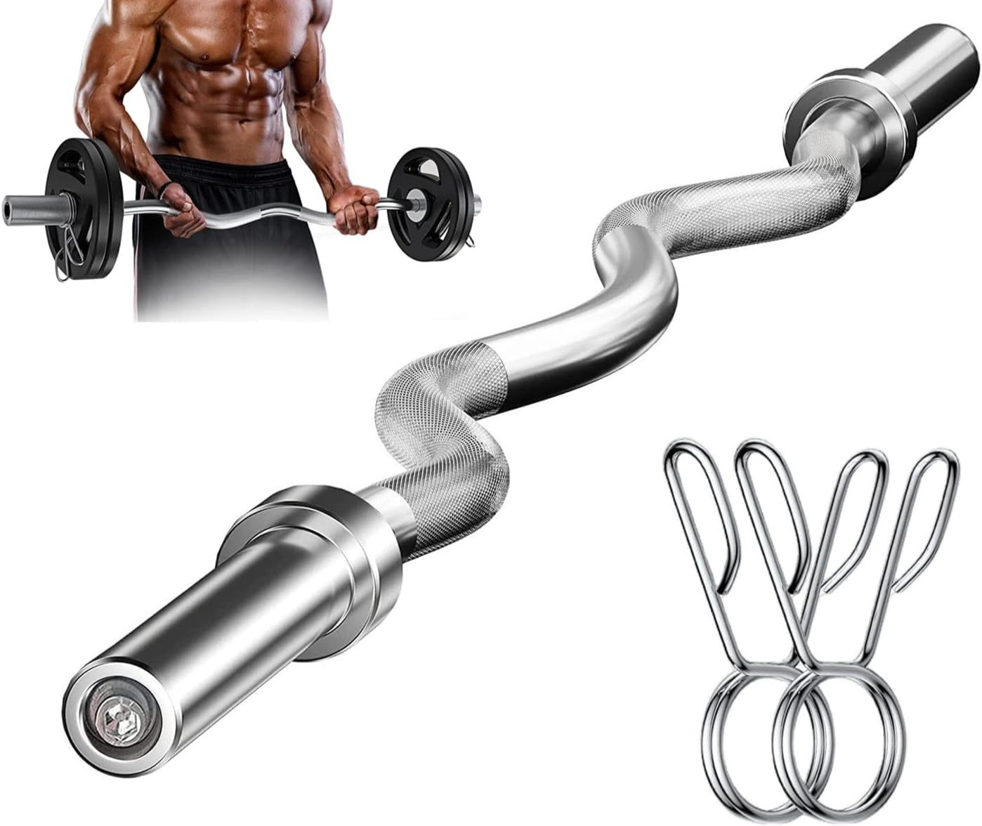 Curl Bar Weight Lifting Barbell Bar with Non-Slip Hand Grip and 2 Spring Collars