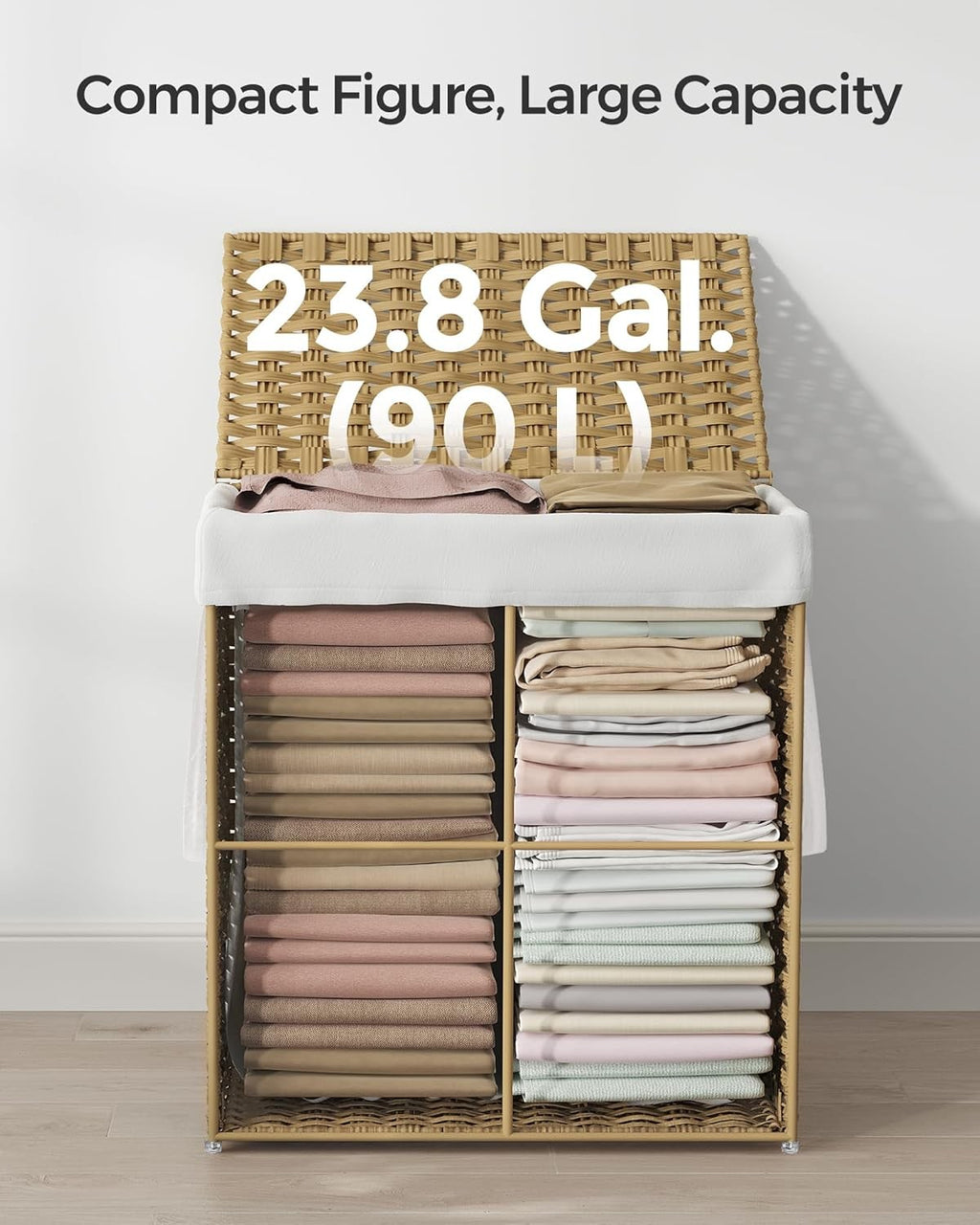 90L Rattan Laundry Hamper with Lid, 23.8 Gallon Synthetic Unit Foldable Removabl