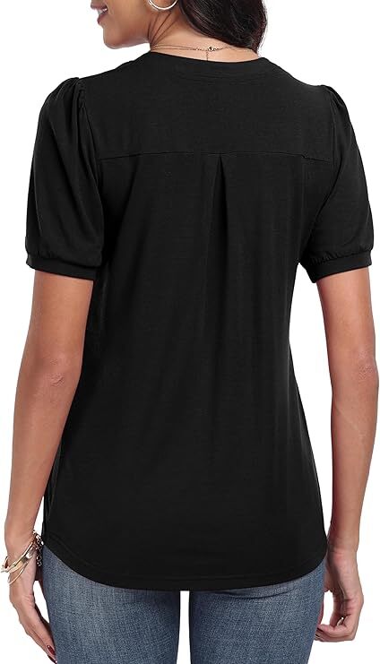 Womens V Neck Tops Puff Short Sleeve T-Shirt Pleated Floral Printed Tunic Blouse