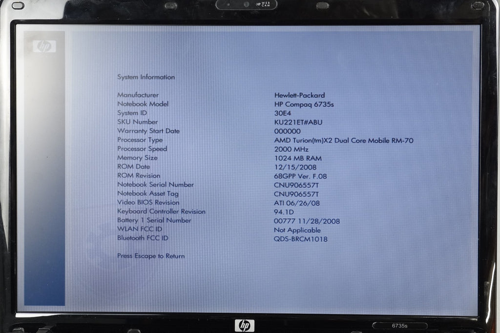 HP Compaq 6735s AMD Turino X2 Dual Core RM-70 2GHz 1GB RAM, NO SSD, Good Battery