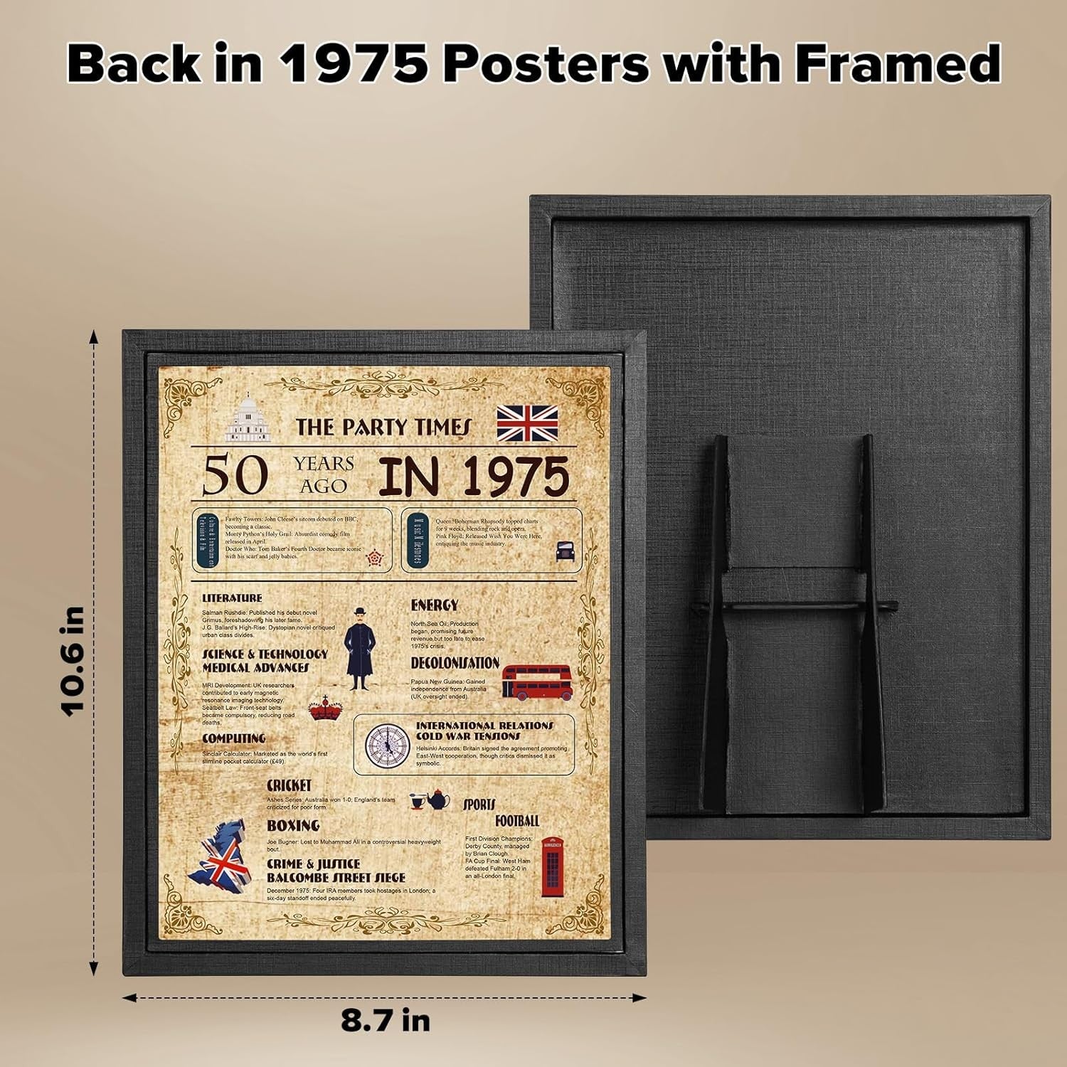 1975 Birthday Framed Poster – “The Party Times” 50 Years Ago Print Man Cave Sign