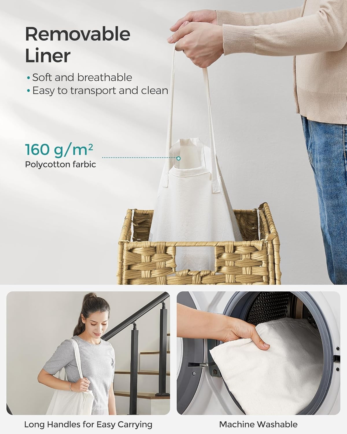 90L Rattan Laundry Hamper with Lid, 23.8 Gallon Synthetic Unit Foldable Removabl